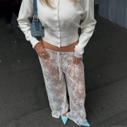 Sexy Women Lace See Through High Waisted Straight Leg Pants Polyester Spandex Floral Mesh Trousers Summer Beach Cover Up Clubwear