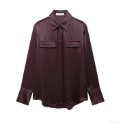 Women Elegant Satin Button Down Blouse Long Sleeve Lapel Shirt With Pockets Office Lady Work Plain Casual Loose Top