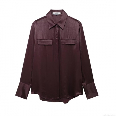 Women Elegant Satin Button Down Blouse Long Sleeve Lapel Shirt With Pockets Office Lady Work Plain Casual Loose Top