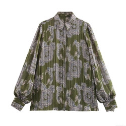 Women's Vintage Metallic Thread Paisley Print Shirt Loose Long Lantern Sleeve Blouse Bohemian Casual Top For Women Autumn Spring Clothing