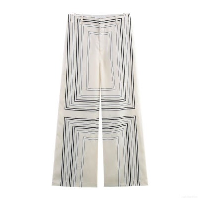 Women's Geometric Print Wide Leg Pants High Waist Satin Silk Straight Trousers Casual Loose Long Trousers for Streetwear Summer Fashion