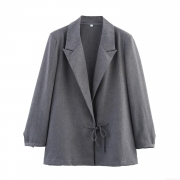 Women's Grey Polyester Blazer Jacket Long Sleeve Notch Lapel Lace-up Bow Waist Commuter Elegant Solid Color Business Suit Casual Outerwear