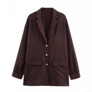 Women Loose Chestnut Blazer British Academy Style Long Sleeve Suit Jacket Cotton Linen Blend Mid Length Outerwear With Metal Buttons For Autumn Winter Office Lady
