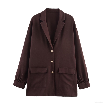Women Loose Chestnut Blazer British Academy Style Long Sleeve Suit Jacket Cotton Linen Blend Mid Length Outerwear With Metal Buttons For Autumn Winter Office Lady