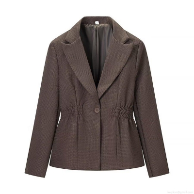 Women's Western Style Coffee Textured Blazer Jacket Single Breasted Cinched Waist Solid Color Long Sleeve Suit Outerwear For Office Commute Streetwear