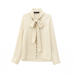 Women's Elegant Bow Tie Neck Satin Shirt Long Sleeve Button Down Blouse Cream Solid Color Office Commute Fashion Top For Lady