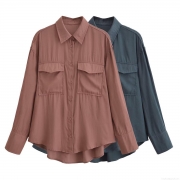 Women Fashion Loose Long Sleeve Shirt Polyester Lapel Button Down Blouse Solid Color Two-Pocket Casual Tops For Streetwear Office Autumn Winter