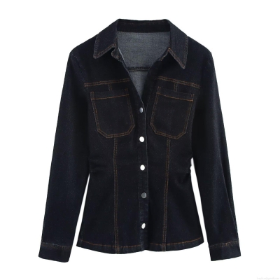 Women Denim Long Sleeve Shirt Slim Fit Turn-down Collar Button Down Blouse Top With Contrast Stitching Casual Streetwear Office Lady