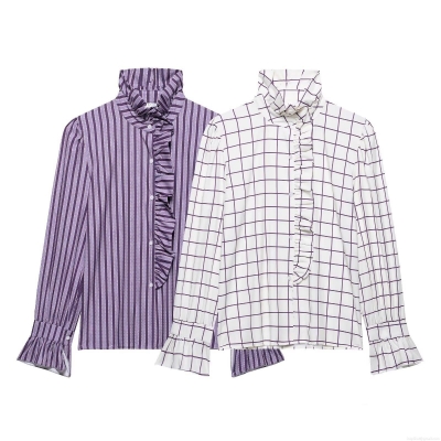Women's Long Sleeve Polyester Striped Blouse With Ruffle Collar And Wood Ear Edge Retro Grid Shirt For Daily Casual Commute Elegant Top