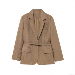 Women Casual Blazer Jacket Polyester Notched Lapel With Belt Loose Fit Solid Color Long Sleeve Suit Jacket For Daily Office Streetwear Autumn Spring Outerwear