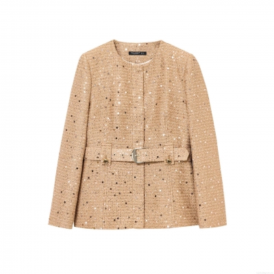 Women's Elegant Champagne Gold Sequin Tweed Blazer Jacket With Waist Belt Metal Buckle Round Neck Mid-Length Slim Fit Outerwear For Office Work Party