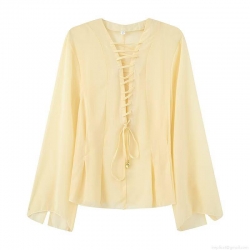 Women's V-Neck Lace Up Chiffon Blouse Loose Flare Sleeve Casual Solid Color Street Style Shirt Top Women Clothing
