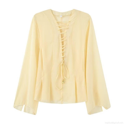 Women's V-Neck Lace Up Chiffon Blouse Loose Flare Sleeve Casual Solid Color Street Style Shirt Top Women Clothing