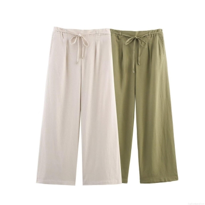 Women Linen Wide Leg Pants High Waist Elastic Drawstring Loose Casual Trousers Summer Vacation Breathable Solid Color Cotton Linen Style Bottoms For Women