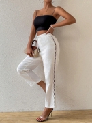 Women's Casual Cotton Straight Leg Pants With Hollow Out Side Design Elastic High Waist Drawstring Trousers For Beach Vacation Summer Chic Pants