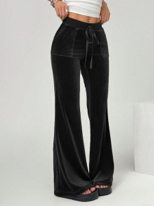 Women Elegant Velvet Wide Leg Flared Pants High Waist Drawstring Casual Velour Trousers With Pockets Solid Black Long Pants For Autumn Winter