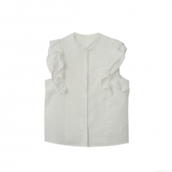 Women's Sleeveless Blouse Round Neck Flutter Sleeves Pleated Lace Embroidery Solid White Summer Casual Top European American Style Women's Clothing