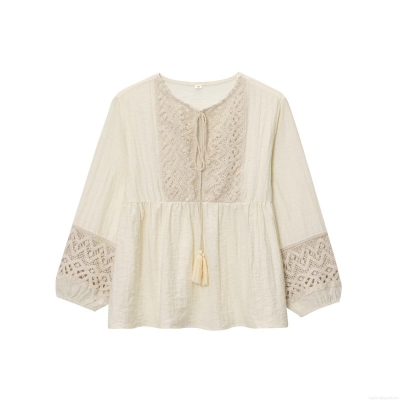 Women Bohemian Lace Crochet Blouse Lantern Long Sleeve Tassel Tie Round Neck Loose Cotton Linen Patchwork Shirt Casual Holiday Tops