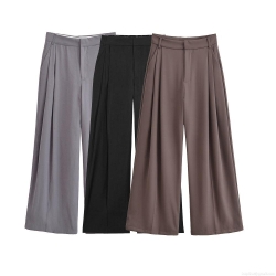 Women's High Waist Wide Leg Pleated Casual Trousers 100% Polyester Solid Color Loose Straight Suit Pants For Autumn Office Lady Daily Wear