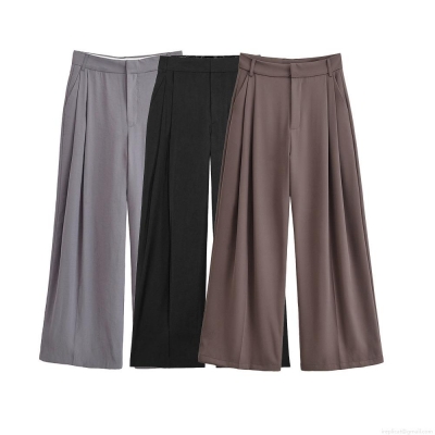 Women's High Waist Wide Leg Pleated Casual Trousers 100% Polyester Solid Color Loose Straight Suit Pants For Autumn Office Lady Daily Wear
