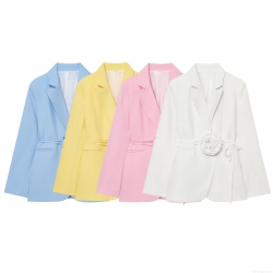 Women's Elegant 3D Flower Decoration Blazer Jacket Tie Waist Lapel Solid Color Long Sleeve Polyester Outerwear For Office Party Autumn Fashion