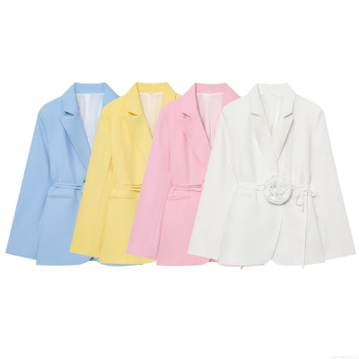 Women's Elegant 3D Flower Decoration Blazer Jacket Tie Waist Lapel Solid Color Long Sleeve Polyester Outerwear For Office Party Autumn Fashion