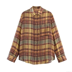Women's Autumn Vintage Plaid Long Sleeve Shirt Lapel Single Breasted Linen Blend Blouse Retro Casual Streetwear Top for Women