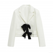Women's Elegant Contrast Bowknot Blazer Jacket 100% Polyester Woven Fabric Long Sleeve Notched Lapel Slim Fit Streetwear Fashion Fall Outerwear