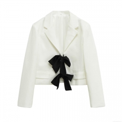 Women's Elegant Contrast Bowknot Blazer Jacket 100% Polyester Woven Fabric Long Sleeve Notched Lapel Slim Fit Streetwear Fashion Fall Outerwear