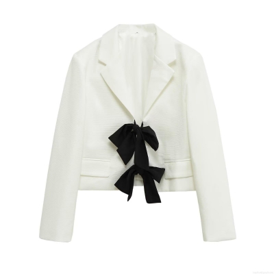 Women's Elegant Contrast Bowknot Blazer Jacket 100% Polyester Woven Fabric Long Sleeve Notched Lapel Slim Fit Streetwear Fashion Fall Outerwear