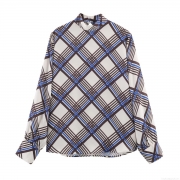 Women Retro Plaid Blouse Polyester Chiffon Mock Neck Long Sleeve Color Block Checkered Shirt Elegant Autumn Streetwear Pullover Top