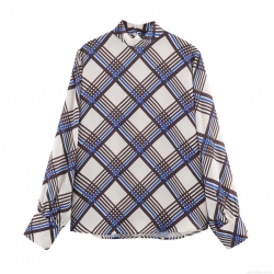 Women Retro Plaid Blouse Polyester Chiffon Mock Neck Long Sleeve Color Block Checkered Shirt Elegant Autumn Streetwear Pullover Top