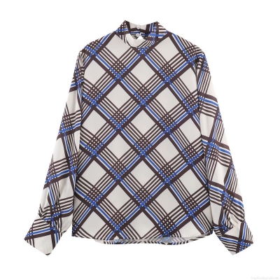 Women Retro Plaid Blouse Polyester Chiffon Mock Neck Long Sleeve Color Block Checkered Shirt Elegant Autumn Streetwear Pullover Top