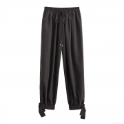 Women's Autumn Casual Loose Lantern Pants High Waist Elastic Drawstring Trousers With Bow Tie Cuffs Solid Color Polyester Streetwear Pants
