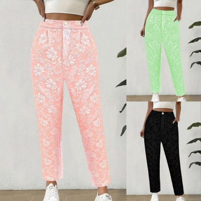 Women's Summer Jacquard Floral High Waist Straight Leg Pants Loose Casual Trousers with Pockets Polyester Spandex Fashion Commuter Thin Long Pants