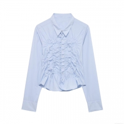 Women's Long Sleeve Shirred Blouse Sky Blue Polo Neck Ruched Button Up Shirt Fashion Sweet Casual Polyester Spandex Tops For Women