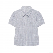 Women's Plaid Puff Short Sleeve Blouse Gingham Ruched Smocked Top Button Down Lapel Collar Casual Commuter Shirt Polyester Spandex Blend Summer Clothing