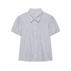 Women's Plaid Puff Short Sleeve Blouse Gingham Ruched Smocked Top Button Down Lapel Collar Casual Commuter Shirt Polyester Spandex Blend Summer Clothing