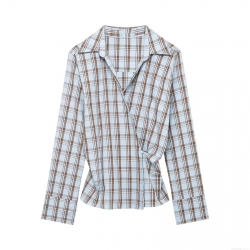 Women's Plaid Wrap Blouse Long Sleeve V-Neck Asymmetrical Button Waist Detail Polyester Spandex Blend Daily Casual Office Fashion Sweet Top For Women