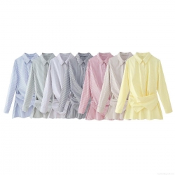 Women's Striped Long Sleeve Shirt Polyester Blend Casual Loose Blouse With Waist Tie Front Knot Design Fashionable Lapel Button Down Top For Ladies Daily Wear