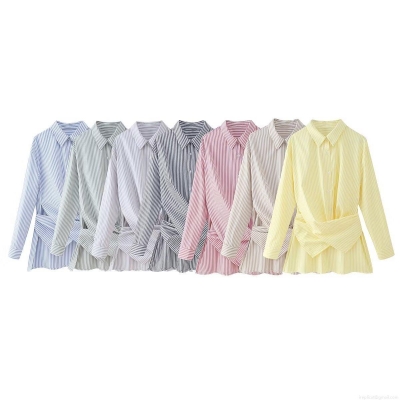 Women's Striped Long Sleeve Shirt Polyester Blend Casual Loose Blouse With Waist Tie Front Knot Design Fashionable Lapel Button Down Top For Ladies Daily Wear