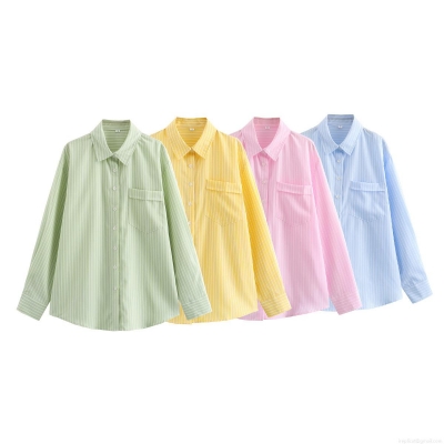 Women's Striped Long Sleeve Shirt 100% Polyester Loose Fit Button Down Blouse With Chest Pocket For Casual Daily Office Wear