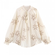Women's Elegant Floral Embroidery Blouse Lantern Sleeve Tassel Tie Neck Hollow Out Polyester Spandex Pullover Shirt Bohemian Top