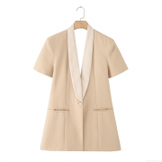 Women's Backless Short Sleeve Blazer Fashion Chic Patchwork Shawl Collar One Button Solid Color Polyester Spandex Long Suit Outerwear For Office Daily Commuting Women