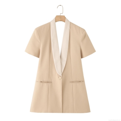 Women's Backless Short Sleeve Blazer Fashion Chic Patchwork Shawl Collar One Button Solid Color Polyester Spandex Long Suit Outerwear For Office Daily Commuting Women
