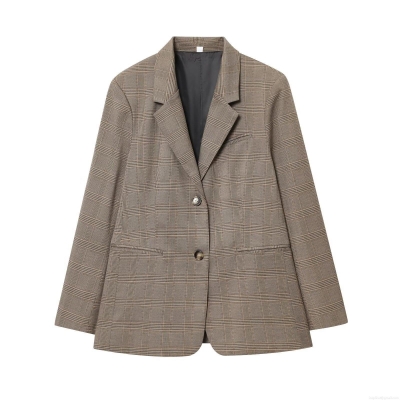 Women's Elegant Plaid Blazer Jacket Vintage Single Breasted Lapel Long Sleeve Linen Blend Suit Outerwear For Office Lady Casual Commute