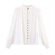 Women's Fashion Minimalist Cupro Blend Long Sleeve Blouse With Padded Shoulders Contrast Black Buttons Casual Elegant Shirt For Office Daily Wear