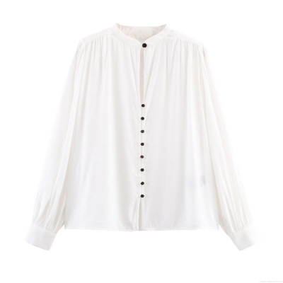 Women's Fashion Minimalist Cupro Blend Long Sleeve Blouse With Padded Shoulders Contrast Black Buttons Casual Elegant Shirt For Office Daily Wear