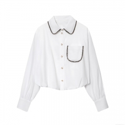 Women's Fashion Casual Poplin Shirt Long Sleeve With Pearl Beaded Detail Puff Sleeve Black Sequin Trim Single Breasted Solid White Top
