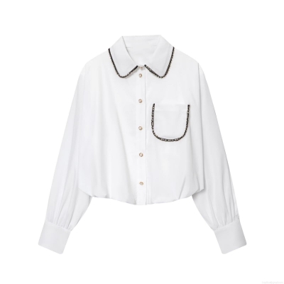 Women's Fashion Casual Poplin Shirt Long Sleeve With Pearl Beaded Detail Puff Sleeve Black Sequin Trim Single Breasted Solid White Top
